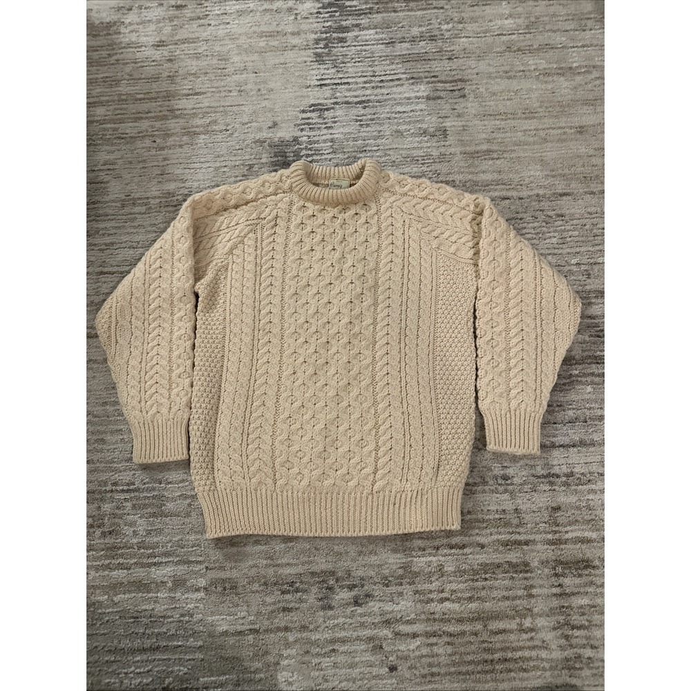 Carraig Donn Classic Cream Cable Crewneck Sweater 100%Pure New Irish Marino Wool